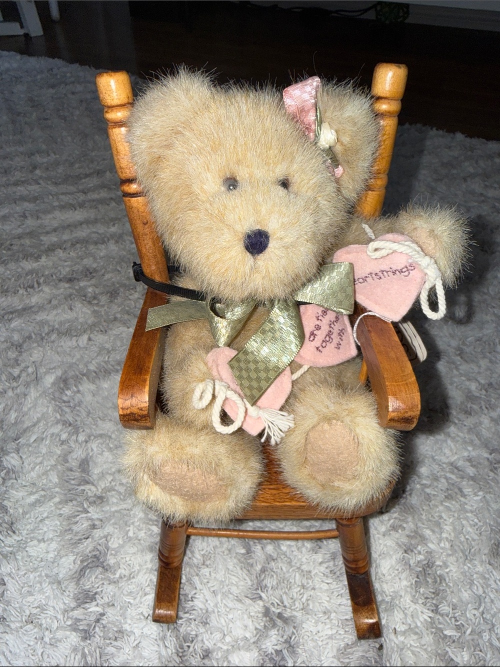 1980 Boyds Plush Beige Teddy Bear with Pink Heart sisters Tags and rocking chair